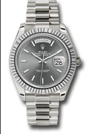 Replica Rolex White Gold Day-Date 40 Watch 228239 Fluted Bezel Slate Index Dial President Bracelet